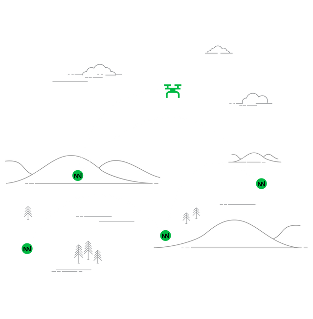 Line art illustration of mesh networking through mountain landscape